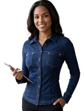 Blue jean-like stretchy button down shirt